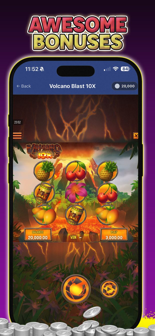 Reel Slots gameplay: the Volcano Blast 10X slot machine with a 20,000 Silver balance