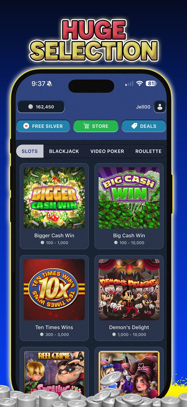 The Reel Slots game lobby listing 43 games across Slots, Blackjack, Video Poker and Roulette